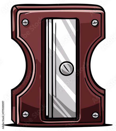 Illustration of a maroon and silver manual pencil sharpener for school or art projects