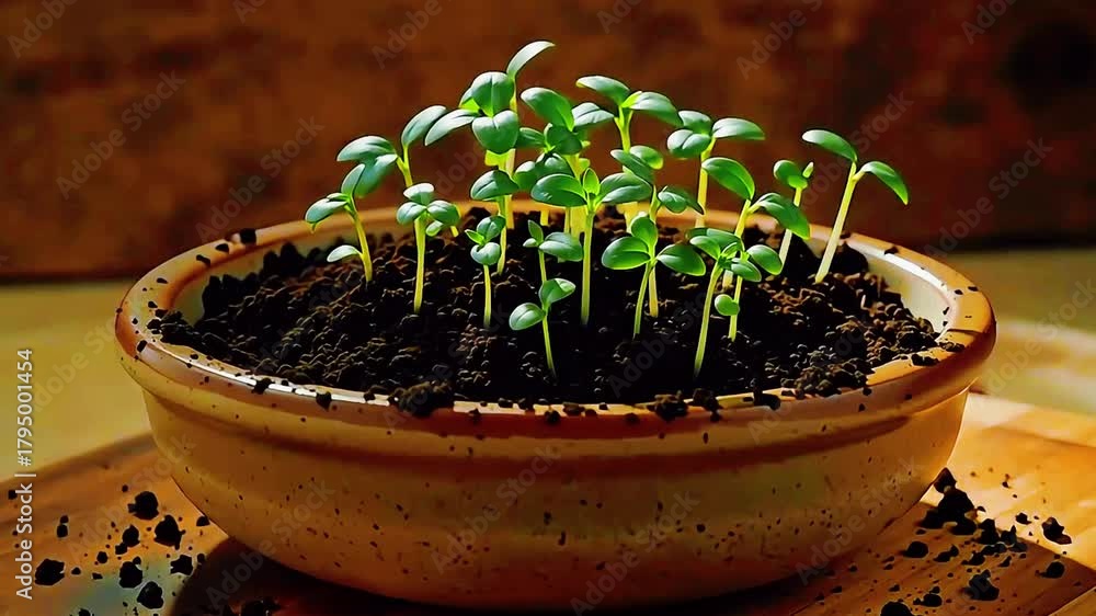 Macro view of a ceramic bowl of soil as small vegetable sprouts emerge in slow motion, captured in natural daylight. Clear textures and tight framing make it useful for themes of growth and sustainabi