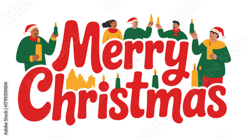 Merry Christmas Greeting Card: a festive greeting card featuring a lively and colorful design with the words Merry Christmas and depicted joyful individuals holding candles.