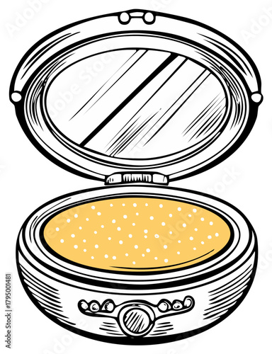 Cosmetic Compact Open Mirror with Powder Retro Style Illustration Beauty Makeup