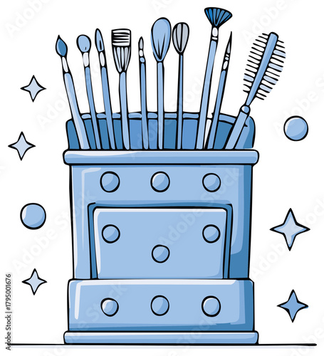 Blue Cosmetic Brush Set in Box With Stars and Circles Makeup Application Tools