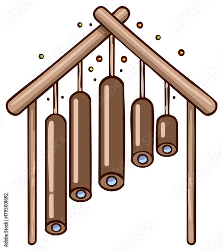 Hand drawn illustration of wooden bamboo wind chimes hanging from a simple frame