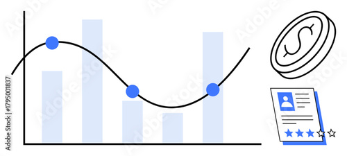 Bar and line chart with points, dollar coin icon, and a review card featuring rating stars. Ideal for business analysis, performance, finance, feedback, statistics, marketing simple flat metaphor