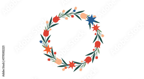 A vibrant and colorful floral wreath featuring red and peach tulips, blue and orange stars, and green leaves, ideal for spring and summer.