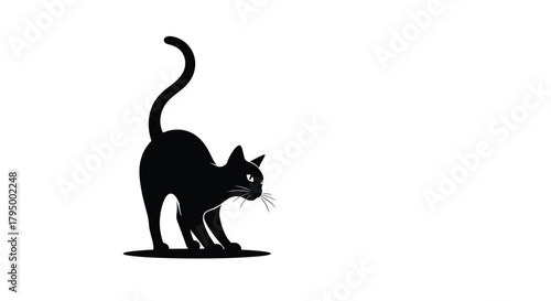 Black cat silhouette in an alert and playful stance, with an arched back and curled tail, isolated on a white background.