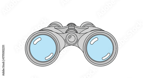 Clear vector illustration of a sturdy pair of grey binoculars with bright blue lenses, ready for outdoor adventure and exploration.
