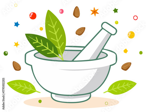 Herbal mortar and pestle with green leaves and nuts, health and wellness illustration.