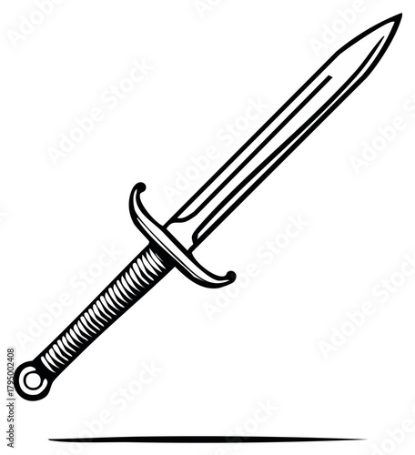 Medieval Sword Black and White Vector Illustration, Warrior Weapon, Antique Blade