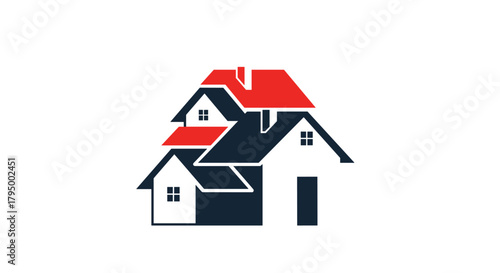 Abstract illustration of multiple interconnected houses with red roofs and dark blue walls, symbolizing community and real estate development.