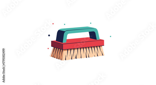 A colorful, stylized illustration of a scrub brush with a teal handle and red base, ready for various cleaning tasks.