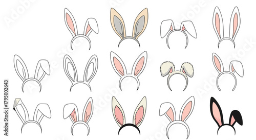Diverse set of bunny ear headbands, featuring different designs, textures, and colors, ideal for festive occasions and playful attire.