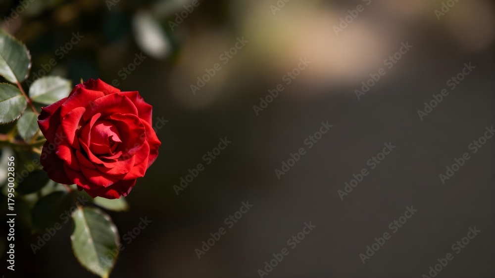 Naklejka premium Romantic Red Rose with Soft Natural Lighting and Wide Right-Side Copy Space for Elegant Commercial Visuals