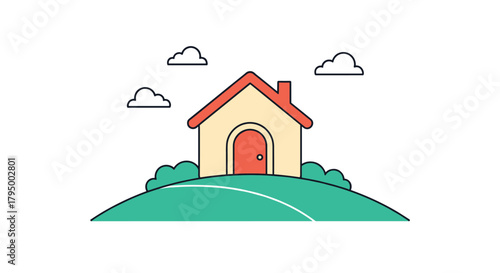 A cute minimalist cartoon illustration of a simple house with a red roof and door, sitting on a green hill with bushes under a blue sky with white clouds.
