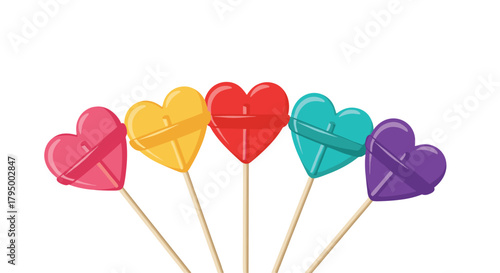 A colorful array of five heart-shaped lollipops fanned out against a clean white background, perfect for sweet celebrations.