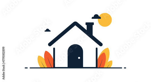 A minimalist vector illustration depicting a cozy home with a dark roof, chimney, and door, surrounded by warm-colored plants under a sunny sky.