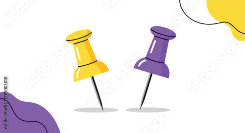 Two colorful yellow and purple pushpins are featured in a clean flat design illustration, set against a simple white background with abstract organic shapes.