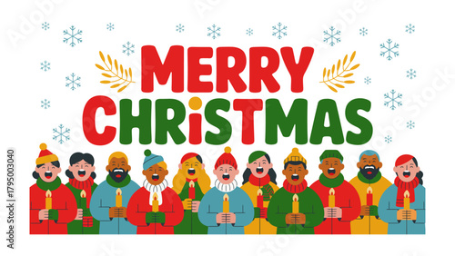 Holiday Carolers' Harmony: A vibrant depiction of a diverse group of carolers, gathered to spread holiday cheer. They are united in their carols and warmth. 