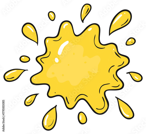 Hand drawn cartoon illustration of a yellow liquid splash with drops