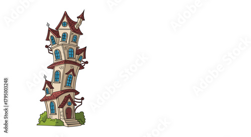 Whimsical cartoon illustration of a tall, crooked, multi-story fantasy house with numerous windows and red tiled roofs, isolated on white.