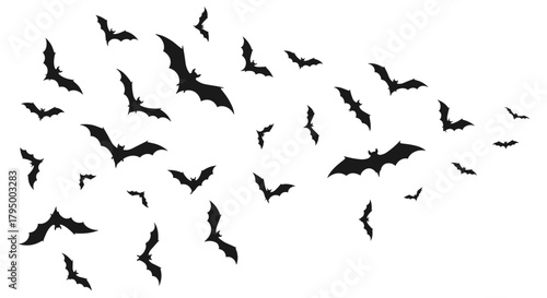 Silhouettes of numerous flying bats in various dynamic poses, creating a spooky and atmospheric design element for Halloween.