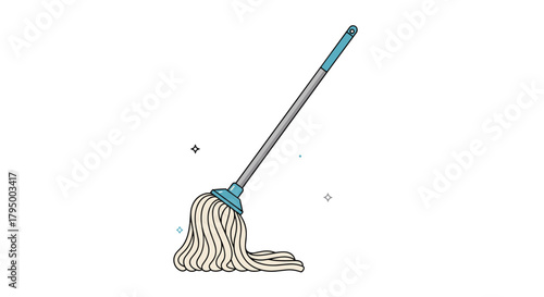A sparkling clean mop with a blue handle and white fibers, ready for floor cleaning in a simple cartoon illustration.