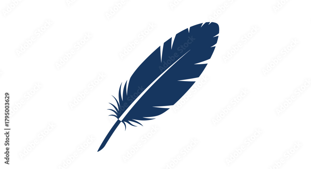 Fototapeta premium A simple and elegant dark blue feather vector illustration, symbolizing writing, creativity, lightness, or freedom, isolated on a white background.