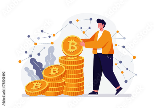 A man stacking golden Bitcoin coins, representing cryptocurrency investment and financial growth, with a network diagram in the background.