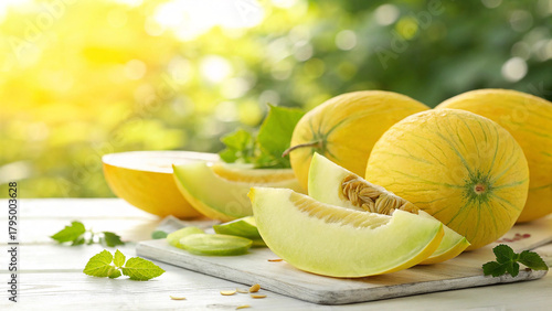 фотографія Casaba Melon and casaba melon slice on white surface in natural warm sunlight ba