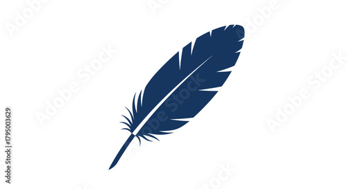 A simple and elegant dark blue feather vector illustration, symbolizing writing, creativity, lightness, or freedom, isolated on a white background.