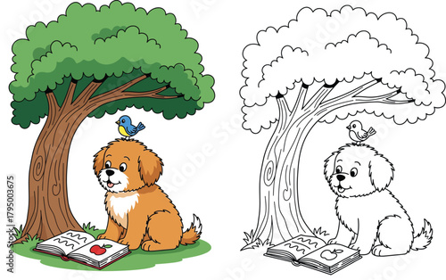 Cute Puppy Reading a Book Under a Tree with a Bird on its Head - Charming Coloring Page for Kids