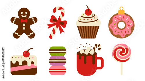 Sweet Festive Treats: A delightful arrangement of festive treats to indulge in the joy of the holiday season, with a gingerbread man, candy cane, cupcake, donut, cake, macaron and lollipop.