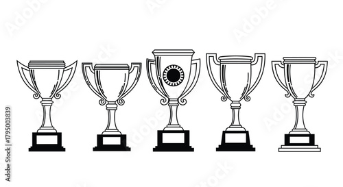 Five distinct outline-style championship trophy cups, each with a unique design, symbolizing awards and recognition.