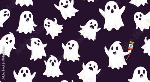 Whimsical white cartoon ghosts with funny faces scattered across a dark purple background in a cheerful Halloween pattern.