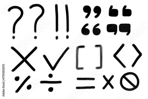 Hand-drawn punctuation and symbol set featuring question marks, exclamation marks, brackets, math signs, and check symbols, perfect for notes, highlights, UI design, education materials, and creative 