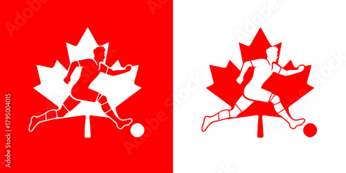 Canada soccer player logo design with maple leaf silhouette and football icon for national sports branding