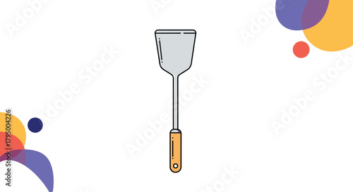 A minimalist illustration of a metal spatula with a wooden handle, centered on a white background with abstract colorful circles.