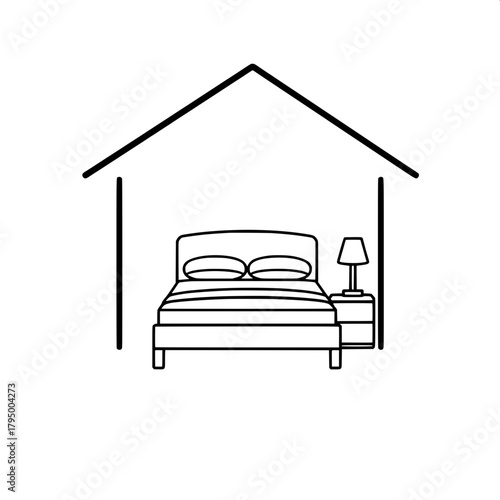 “Simple monochrome home icon showing a bedroom setup: a house outline with a centrally placed bed, headboard, mattress, and a lamp on a bedside table, illustrated with bold black lines and full symmet