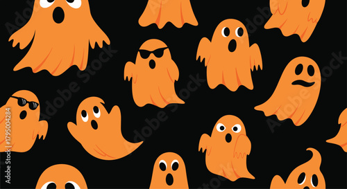 Spooky yet friendly cartoon orange ghosts with various expressions creating a whimsical seamless pattern on a dark background for Halloween.