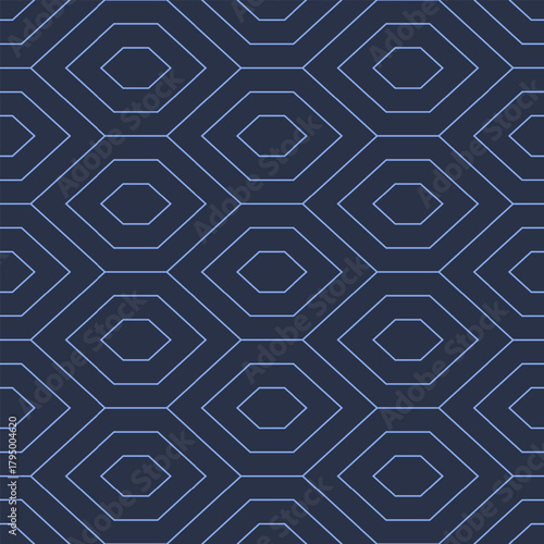 Elegant geometry seamless pattern with thin lines. Vector abstract backdrop in navy blue hues, stylized diamond elements, classic symmetry, refined shapes and balance inspired by traditional motif art
