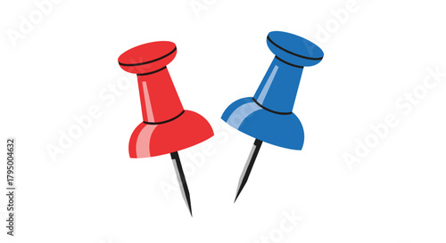 A pair of vibrant red and blue pushpins, depicted with a clean and simple illustration style, isolated on a white background.