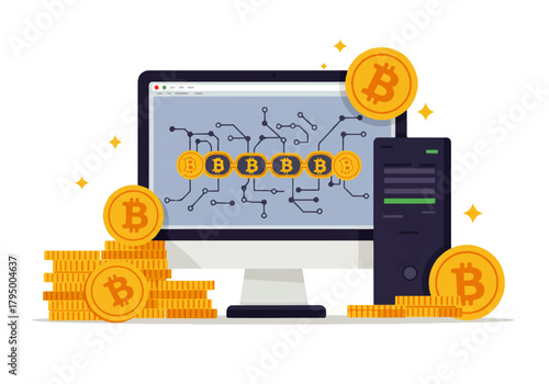 Computer screen displaying a Bitcoin network with coins, next to a server and a stack of golden Bitcoin currency.