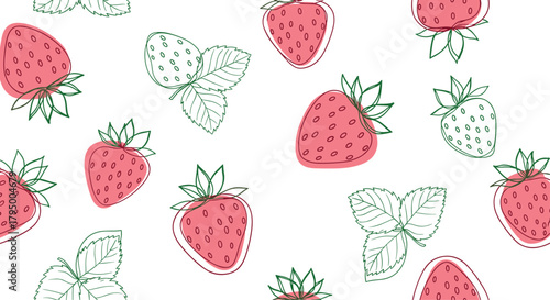 A delightful seamless pattern featuring hand-drawn pink and outlined strawberries with green leaves, rendered in a charming doodle style on a white background.