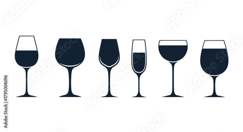A set of various types of wine glasses and champagne flutes, depicted as dark silhouettes on a white background, representing different alcoholic beverages.