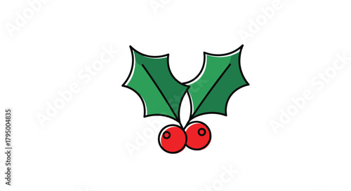 A simple and festive cartoon illustration depicting a traditional sprig of holly with vibrant green leaves and bright red berries.