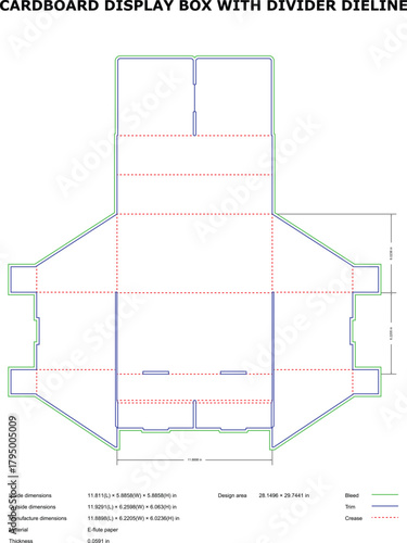 Cardboard display box with divider dieline template with trim and crease lines