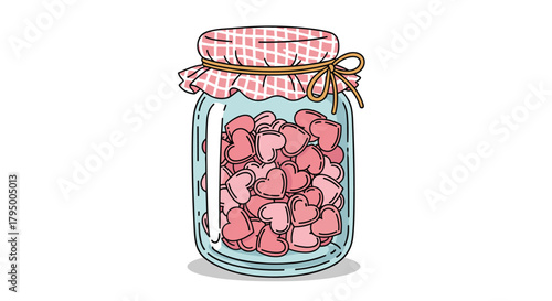 A clear glass jar filled to the brim with numerous pink and light pink heart-shaped candies, tied with a plaid fabric and twine bow.