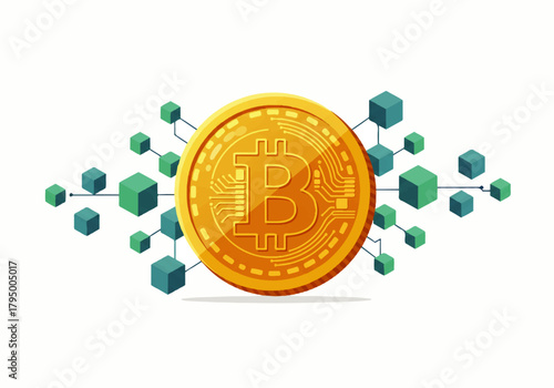 Bitcoin cryptocurrency illustration with a gold coin connected to a network of green cubes, representing blockchain technology and digital currency.