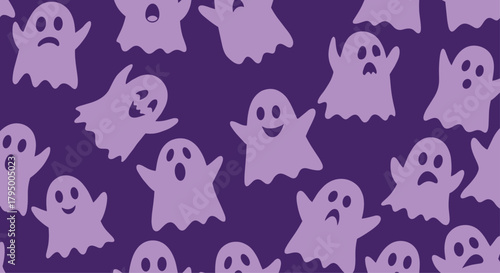Seamless pattern featuring a variety of cute light purple ghosts with diverse expressions on a dark purple background, ideal for Halloween themes.