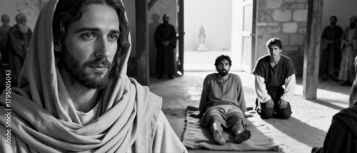 Jesus Christ healing a sick paralytic man in a biblical scene. A New Testament gospel story of faith and a miracle. Black and white cinematic depiction