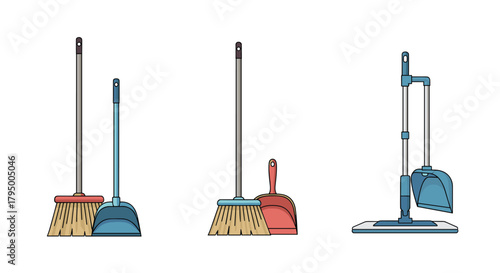 A collection of various cleaning tools, including brooms, dustpans, and a flat mop, presented in an organized illustration.